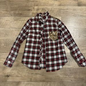 Women's Flannel Shirt - Size S - Black/Red/White Plaid with gold sparkle details